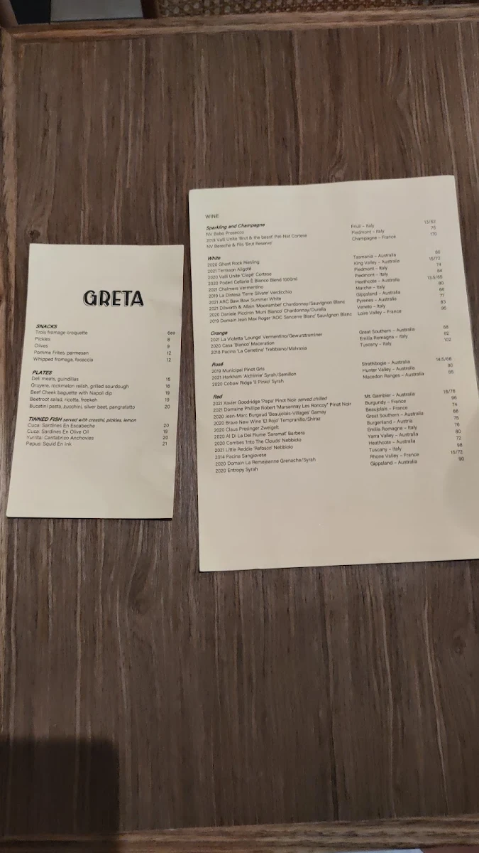 Menu, Greta