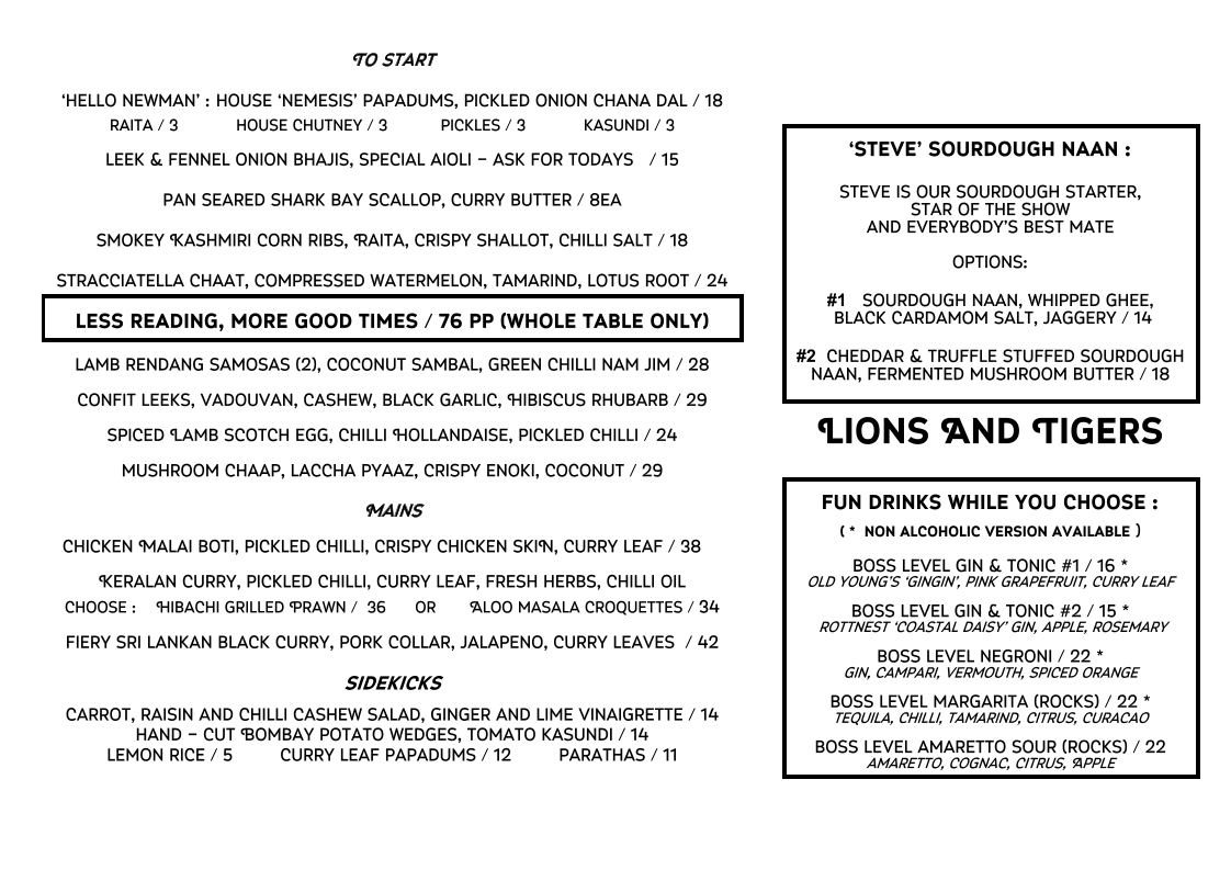 Menu, Lions And Tigers