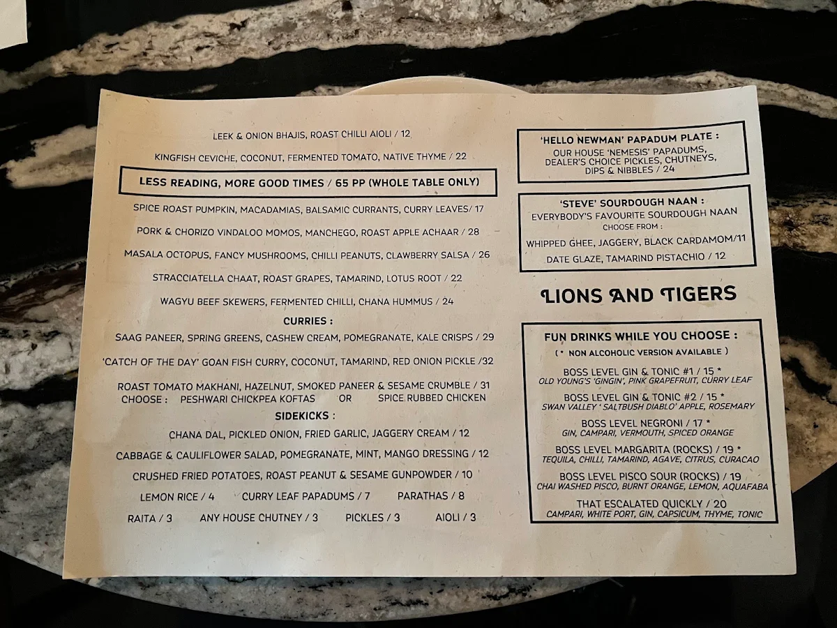Menu, Lions And Tigers