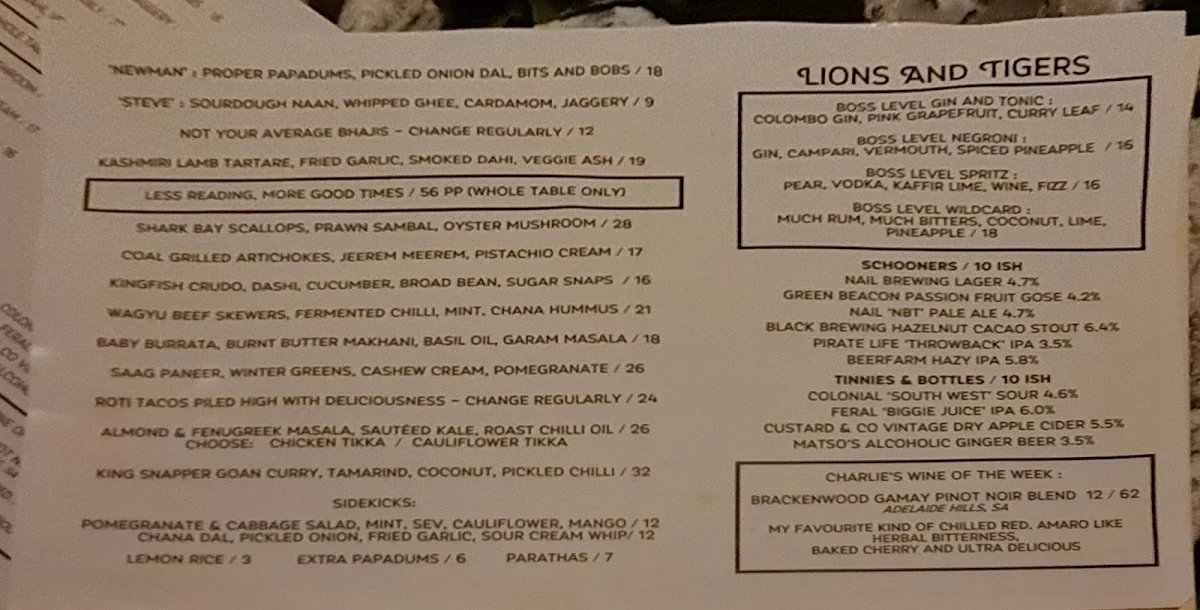 Menu, Lions And Tigers
