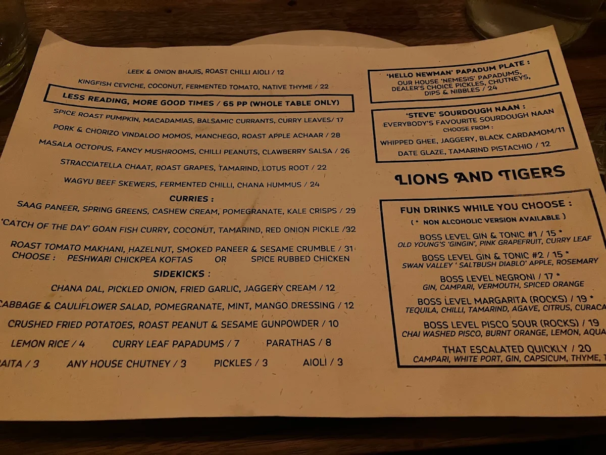 Menu, Lions And Tigers