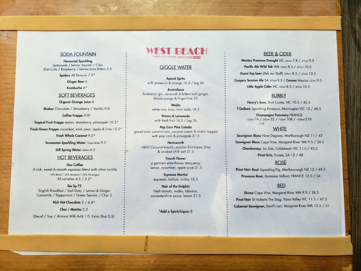 Menu, West Beach Pavilion