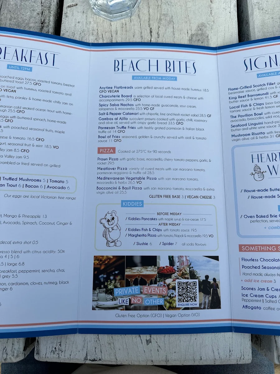 Menu, West Beach Pavilion