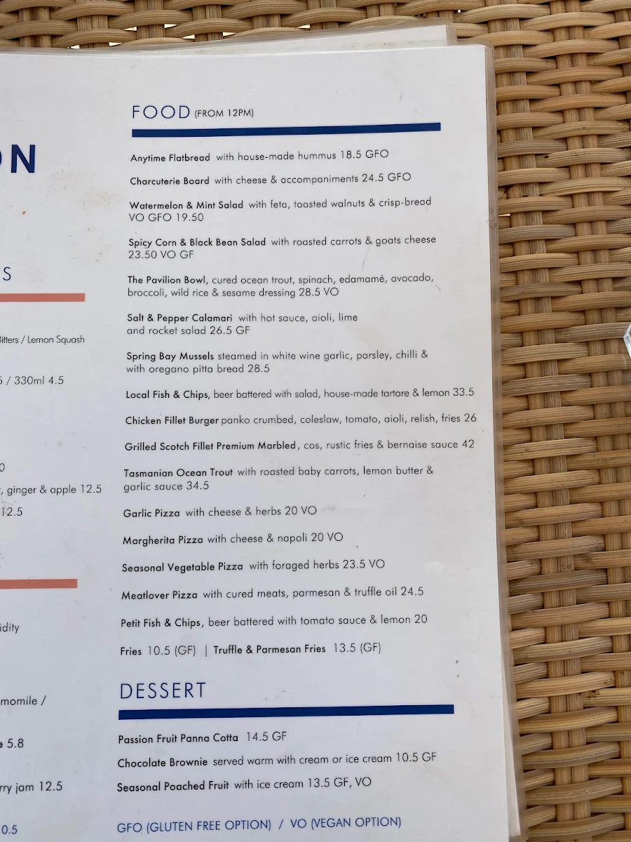 Menu, West Beach Pavilion