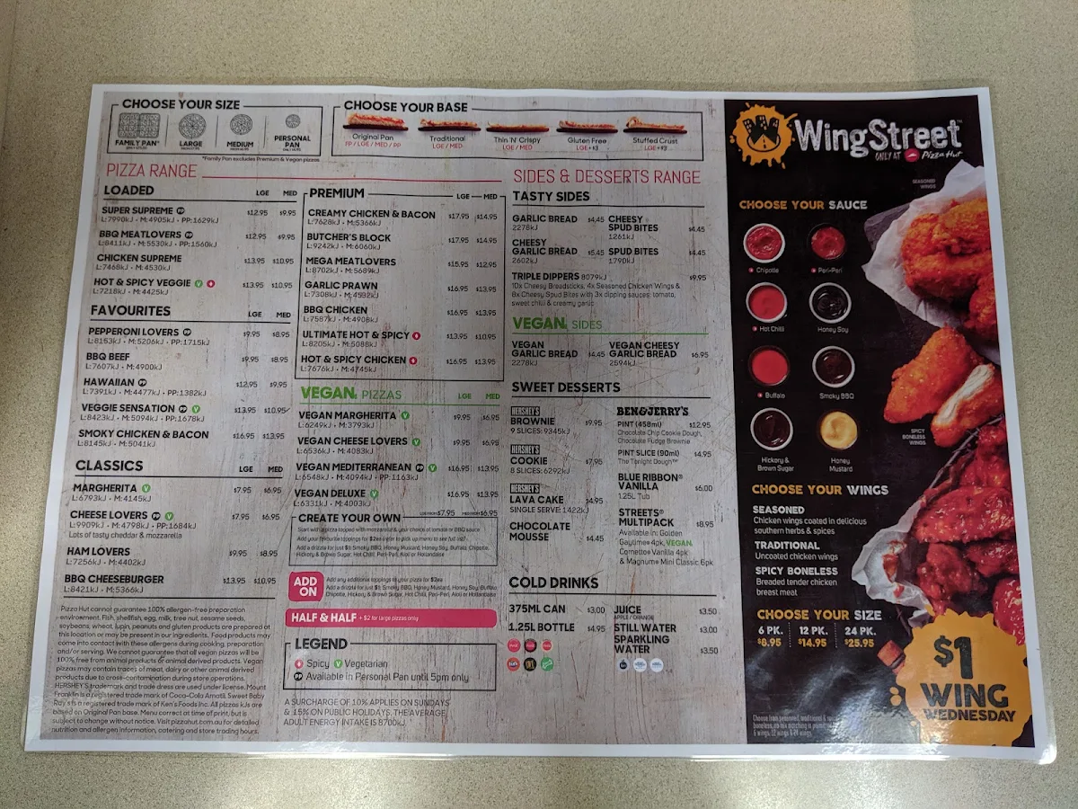 Menu, Pizza Hut