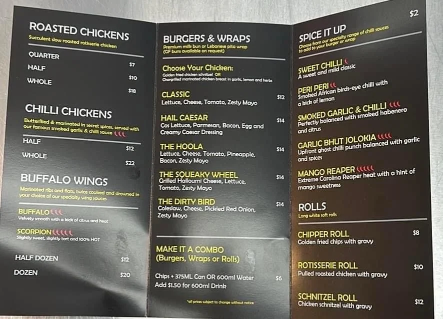 Menu, Chicken and Chilli Co