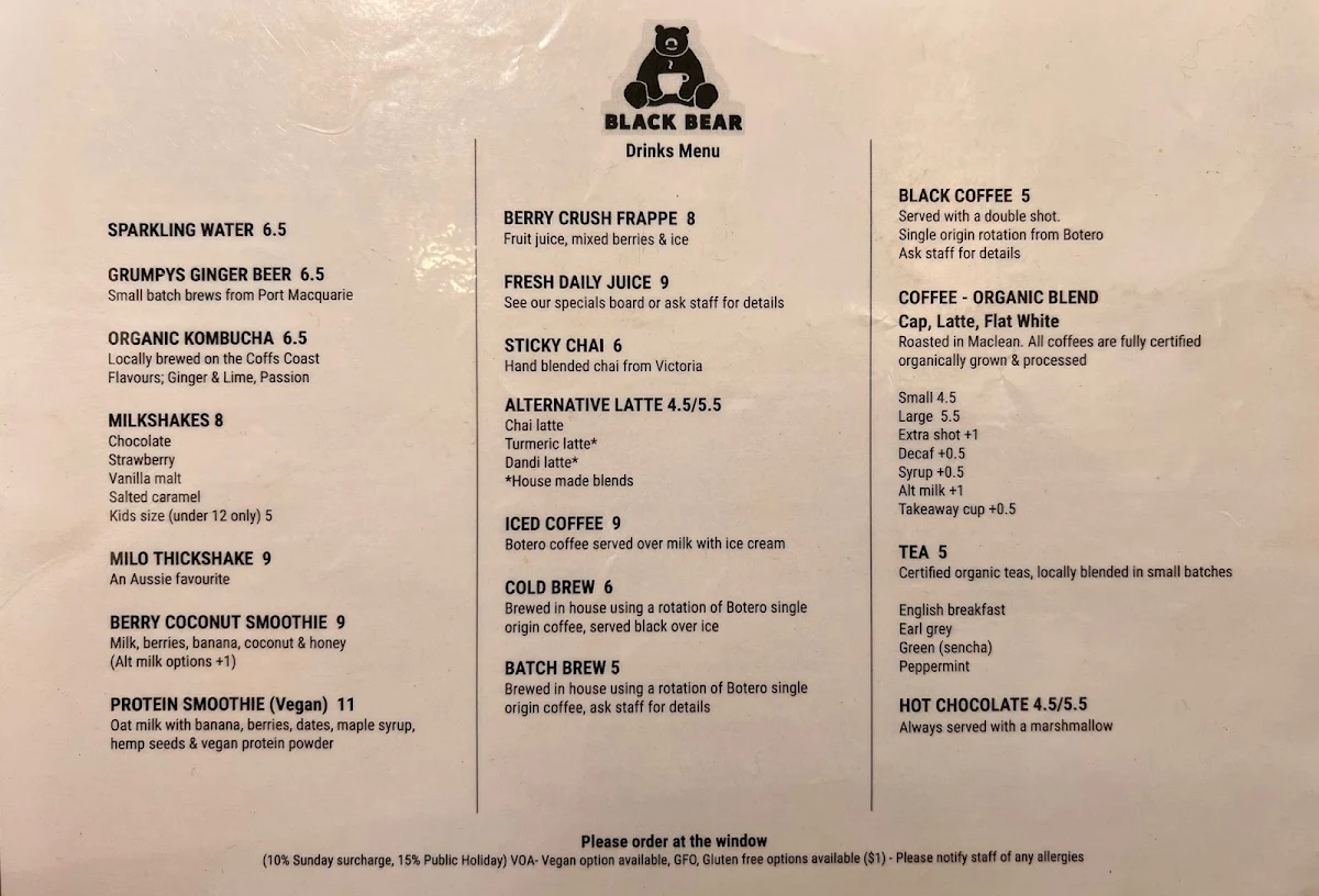 Menu, Black Bear