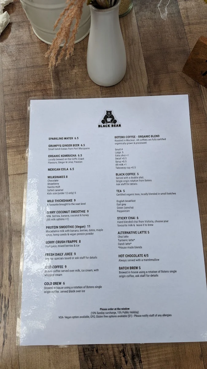 Menu, Black Bear