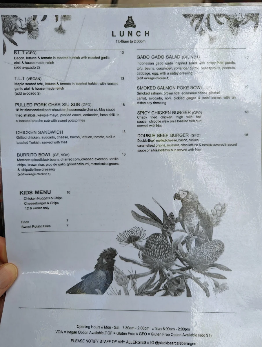 Menu, Black Bear