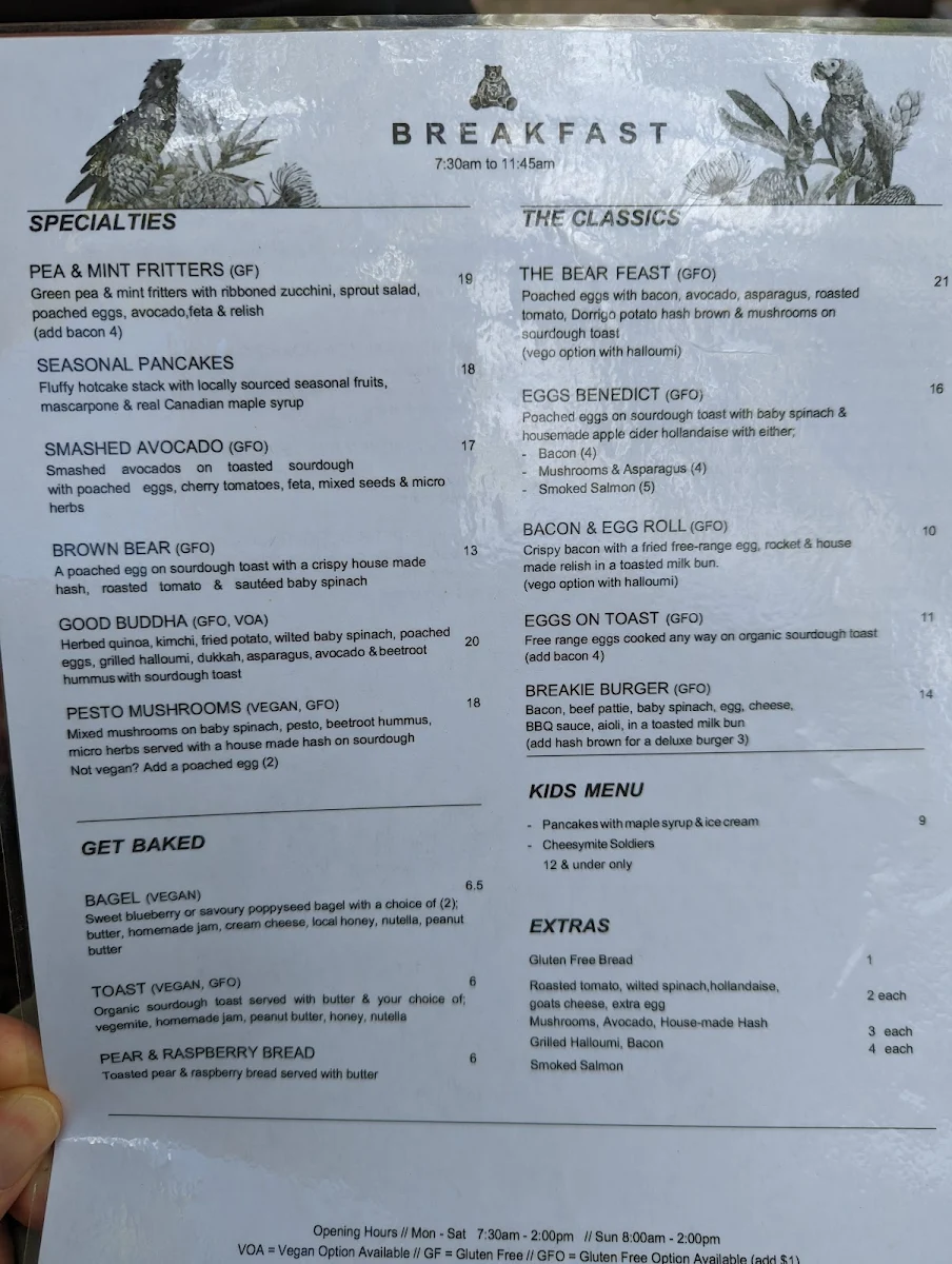 Menu, Black Bear