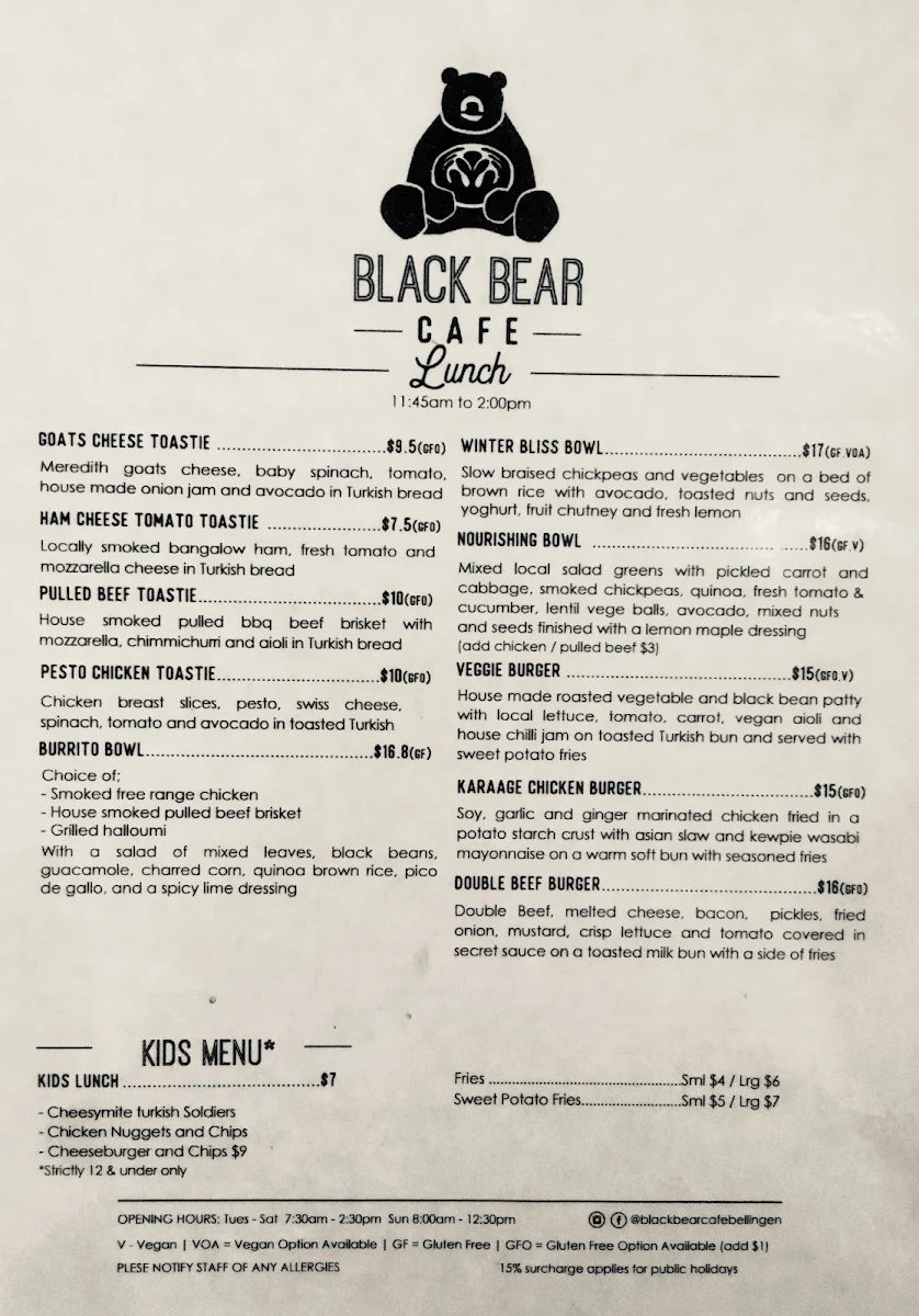 Menu, Black Bear