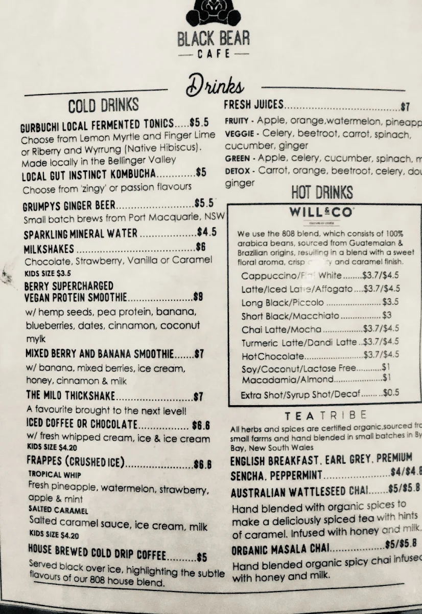 Menu, Black Bear