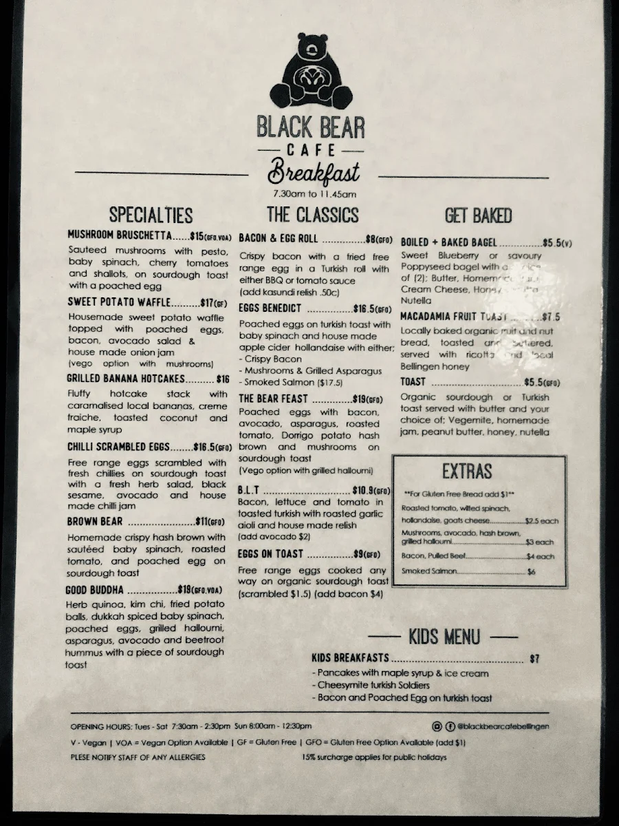 Menu, Black Bear