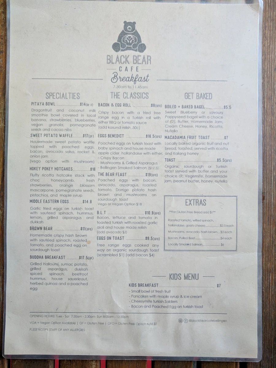 Menu, Black Bear