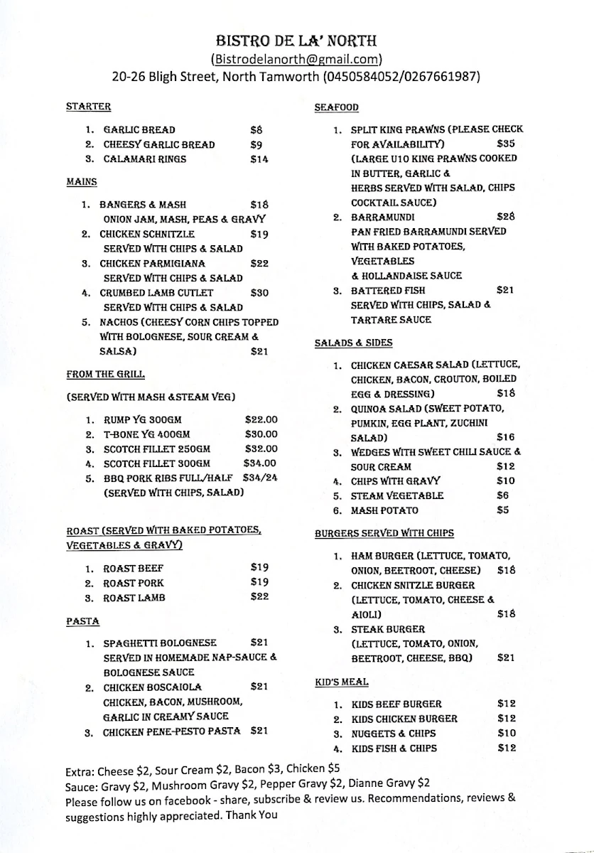 Menu, Bistro De Là North