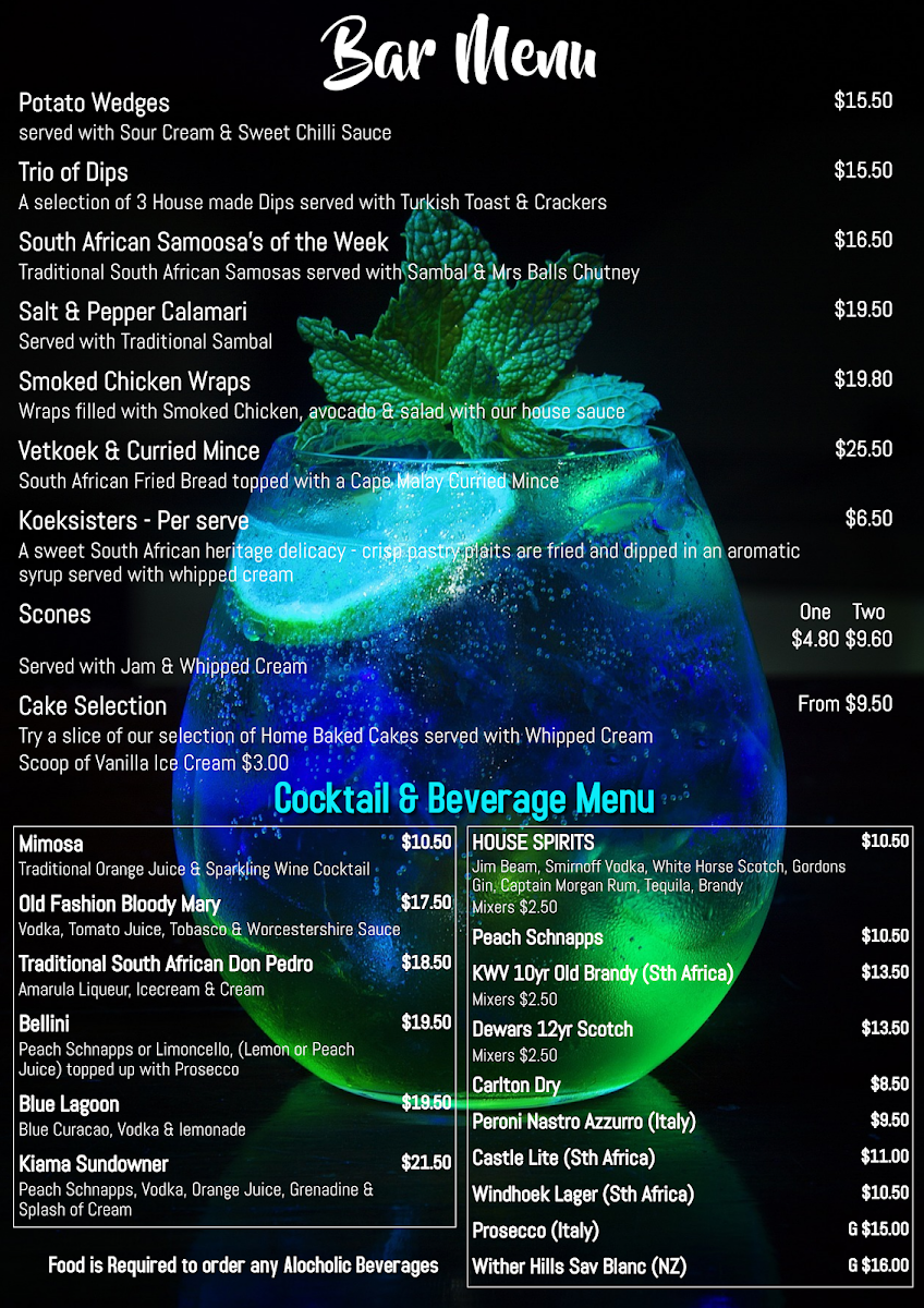 Menu, KG On Terralong South African Licensed Restaurant & Bar