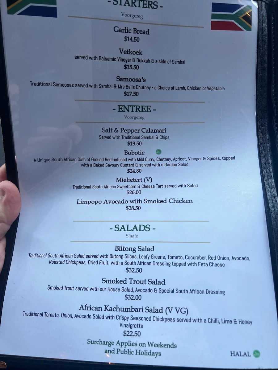 Menu, KG On Terralong South African Licensed Restaurant & Bar