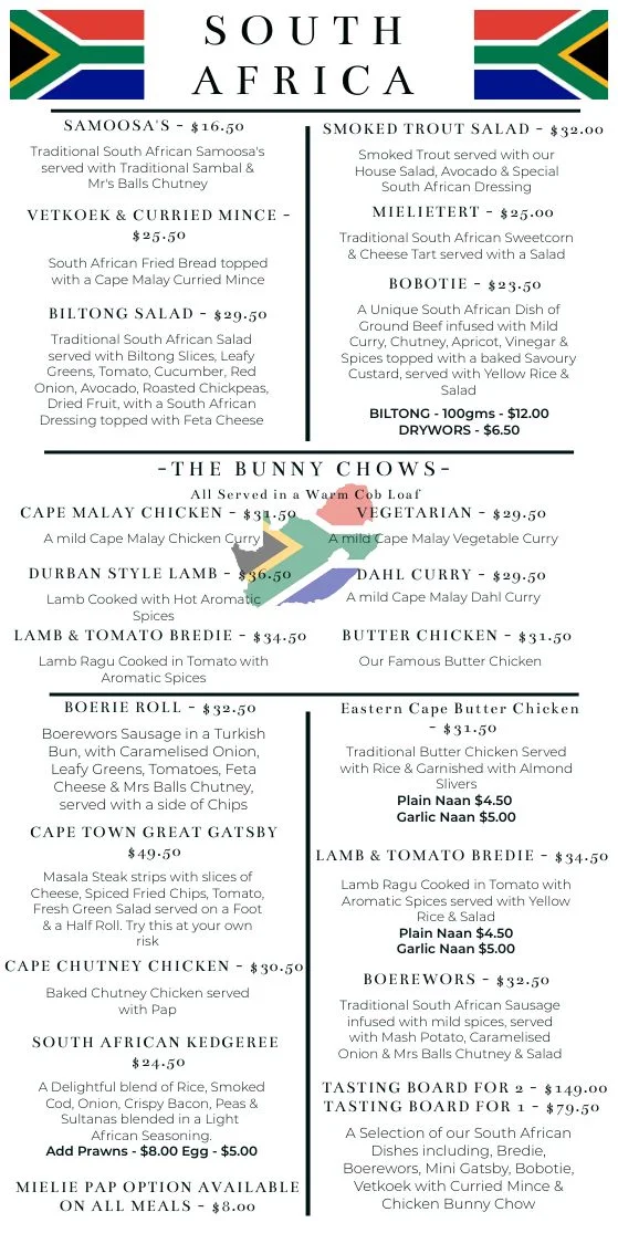 Menu, KG On Terralong South African Licensed Restaurant & Bar