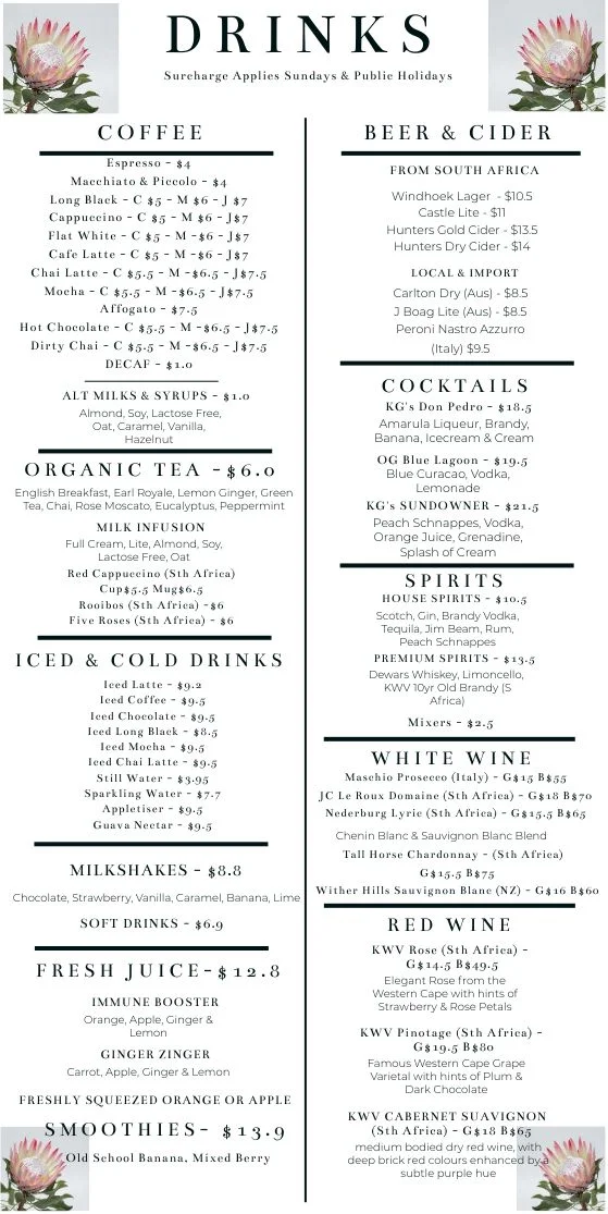 Menu, KG On Terralong South African Licensed Restaurant & Bar