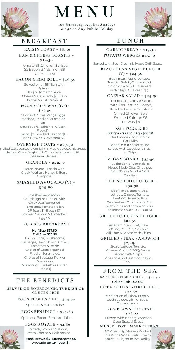 Menu, KG On Terralong South African Licensed Restaurant & Bar