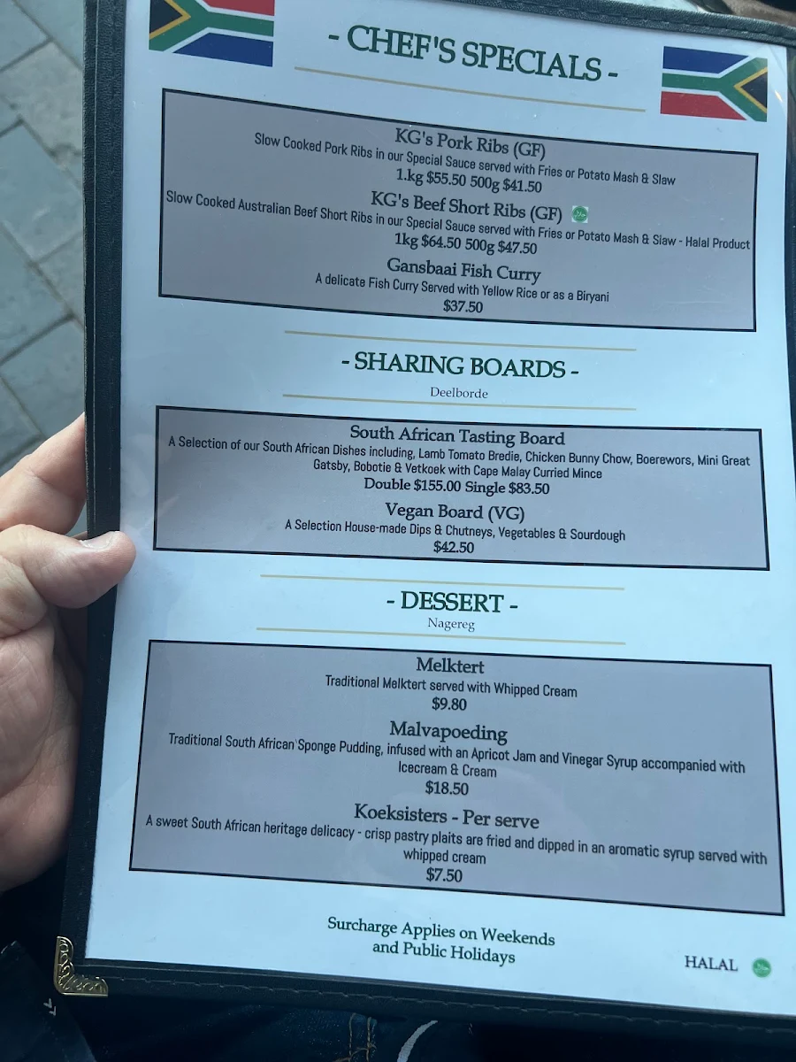 Menu, KG On Terralong South African Licensed Restaurant & Bar