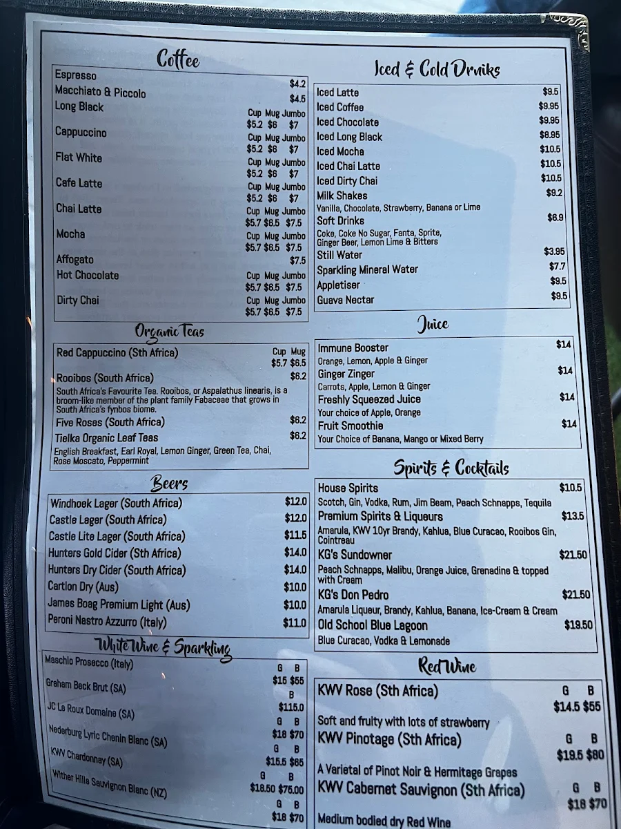 Menu, KG On Terralong South African Licensed Restaurant & Bar