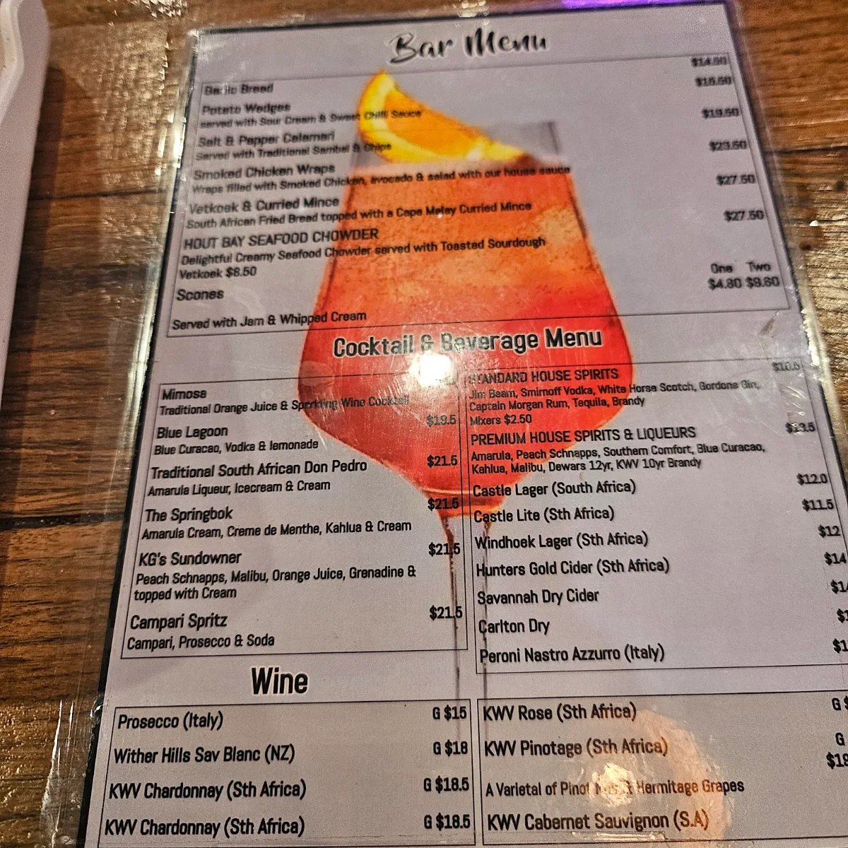 Menu, KG On Terralong South African Licensed Restaurant & Bar