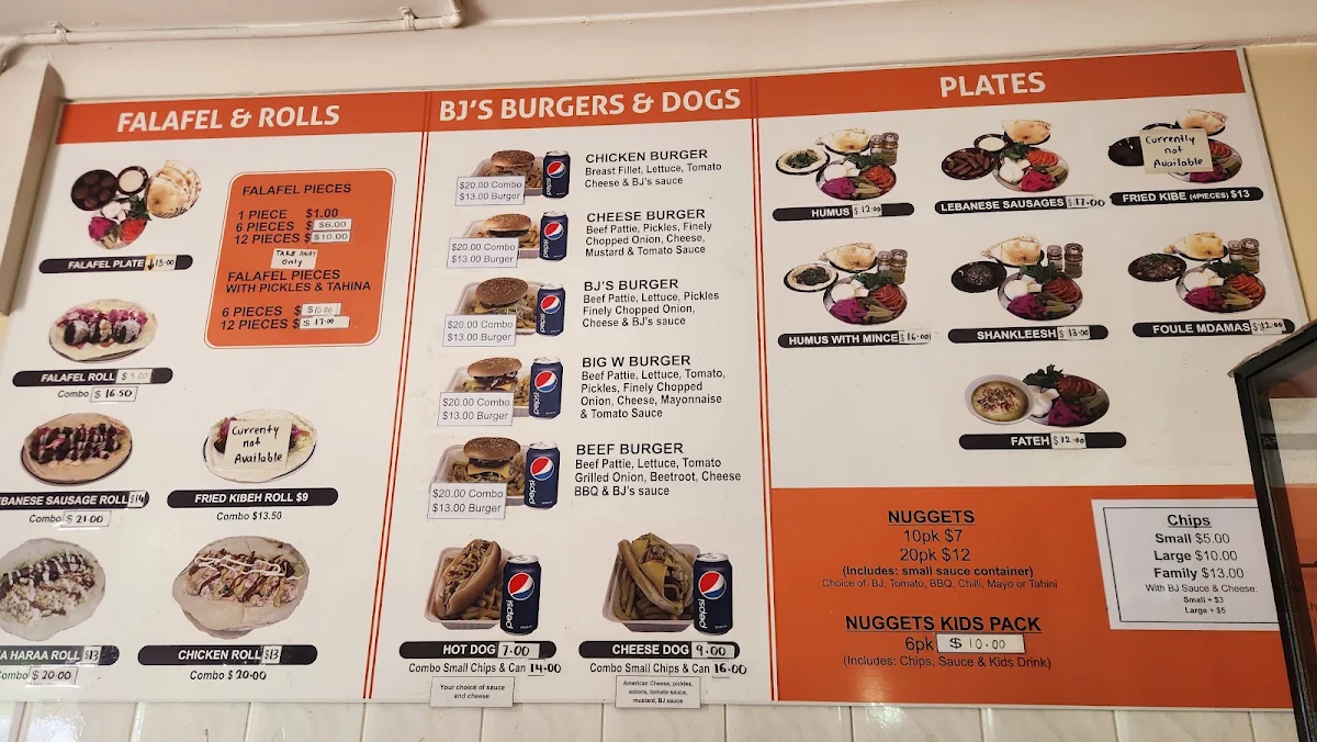 Menu, Jamals Falafel & BJ's Burgers