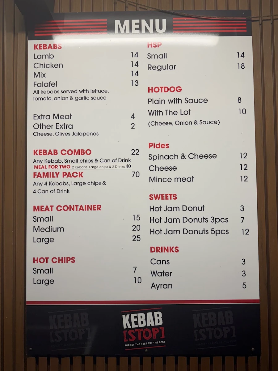 Menu, Kebab Stop