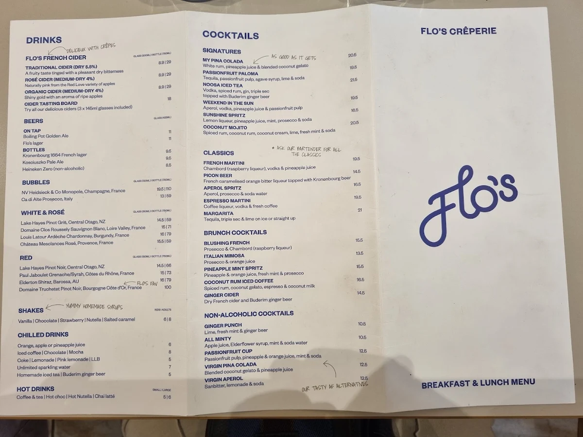 Menu, Flo's Crêperie Noosa