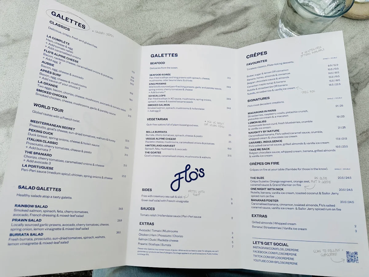 Menu, Flo's Crêperie Noosa