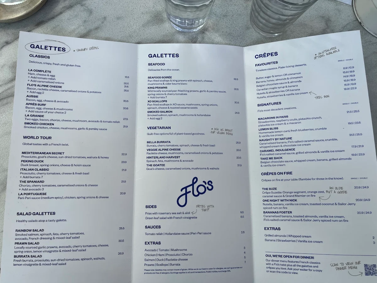 Menu, Flo's Crêperie Noosa