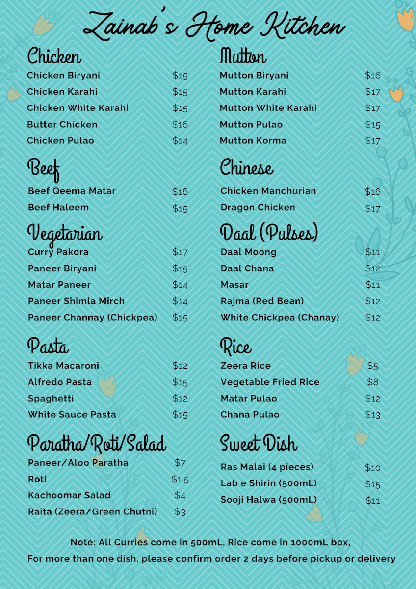 Menu, Zainab's Home Kitchen