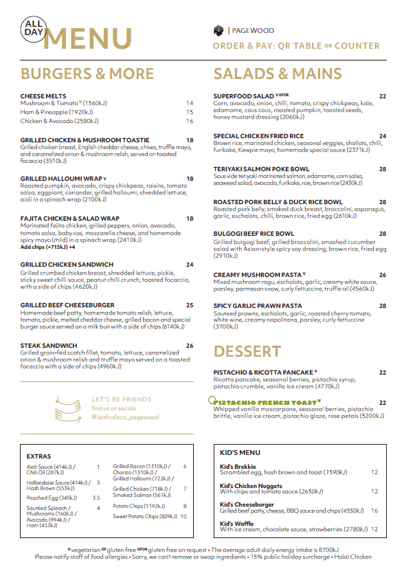 Menu, Leaf Cafe & Co Pagewood