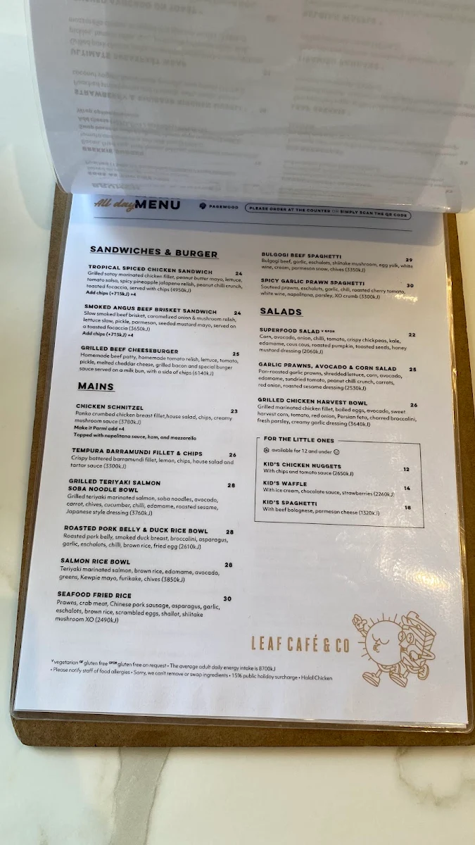 Menu, Leaf Cafe & Co Pagewood