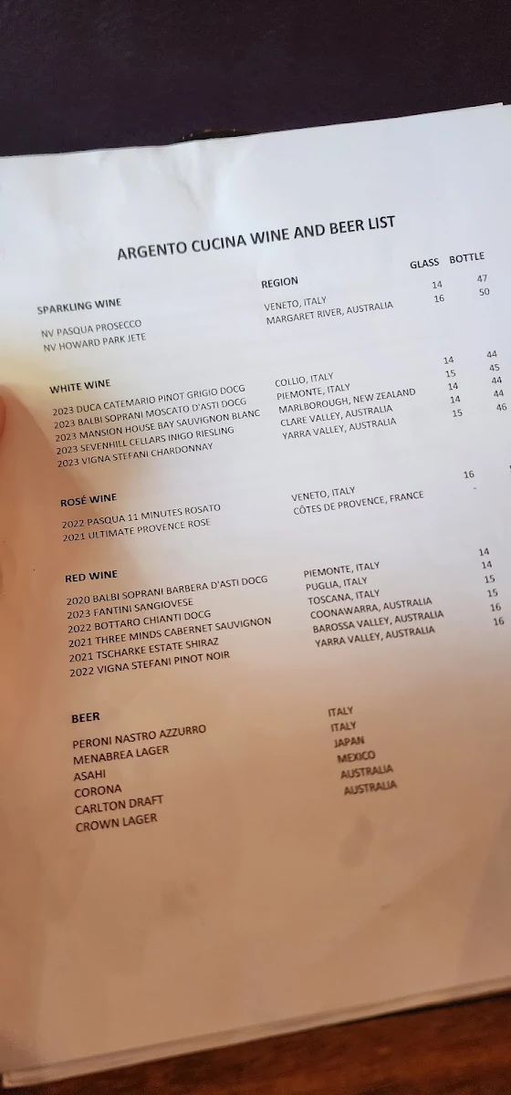 Menu, Argento Cucina