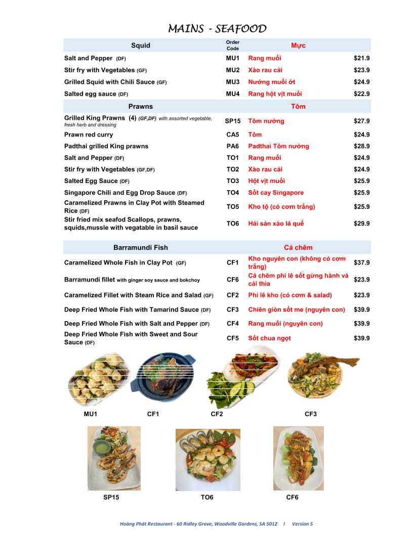 Menu, Hoàng Phát Restaurant