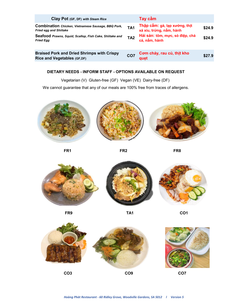 Menu, Hoàng Phát Restaurant