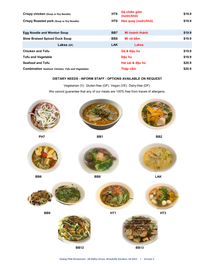 Menu, Hoàng Phát Restaurant