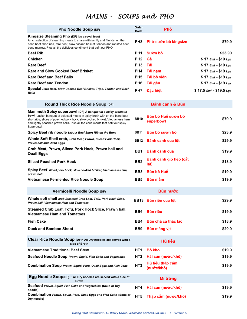 Menu, Hoàng Phát Restaurant