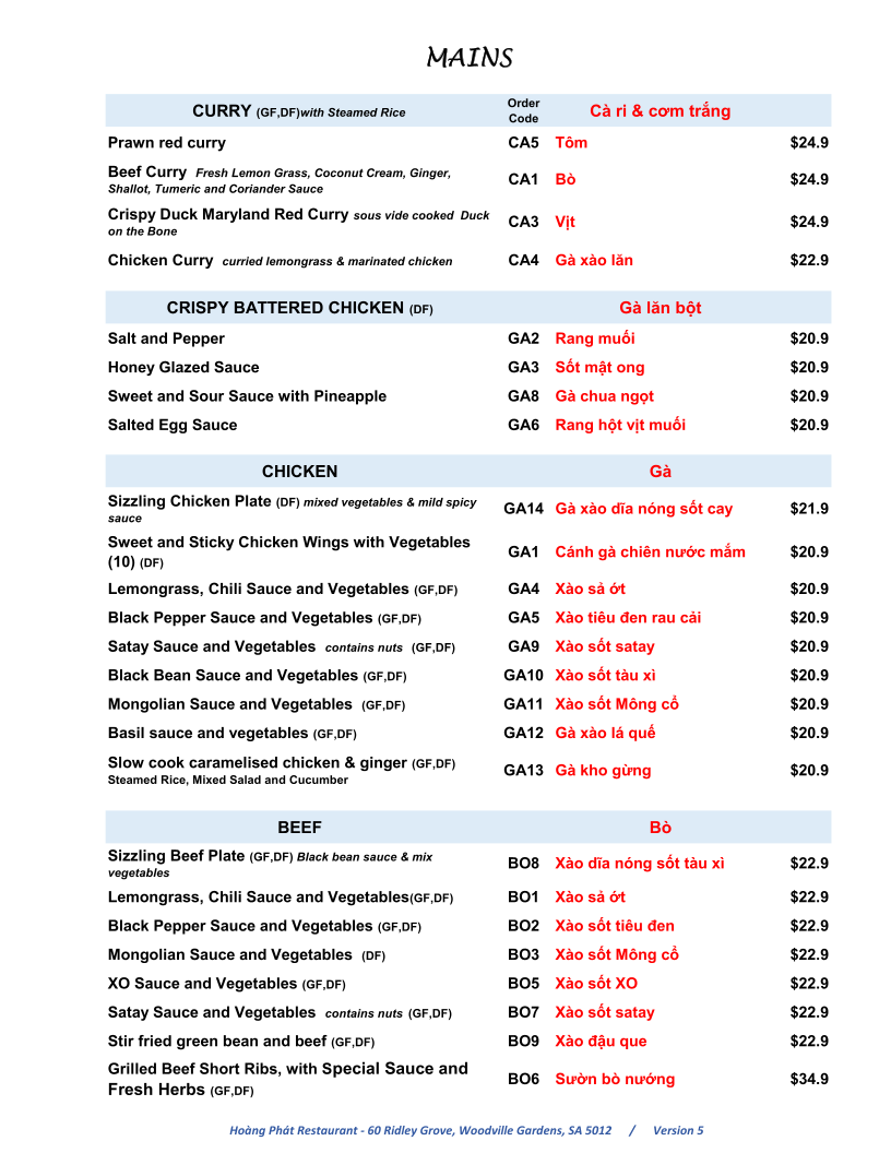 Menu, Hoàng Phát Restaurant