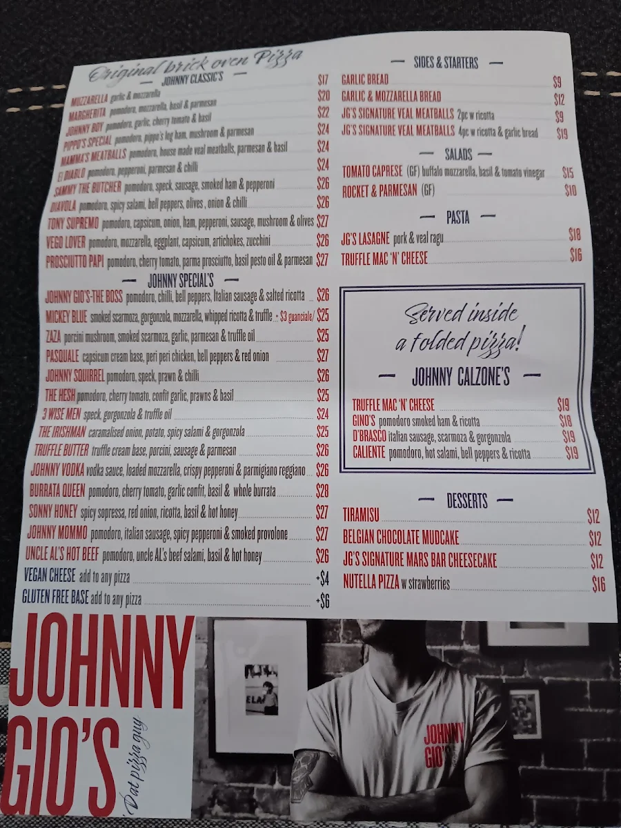 Menu, Johnny Gio's Pizza Potts Point
