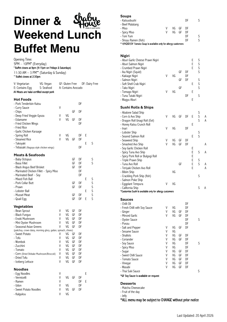 Menu, Shabuhouse