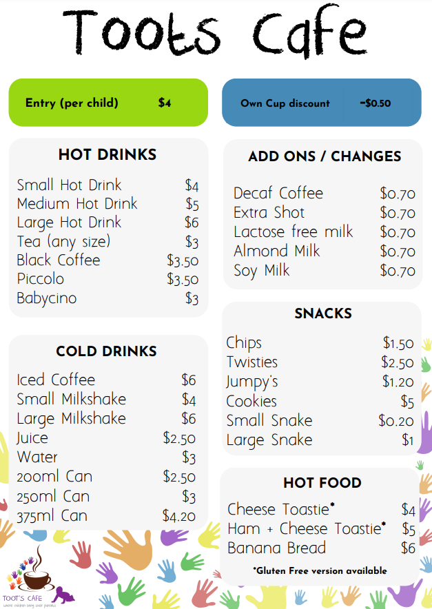 Menu, Toots Cafe and Playspace
