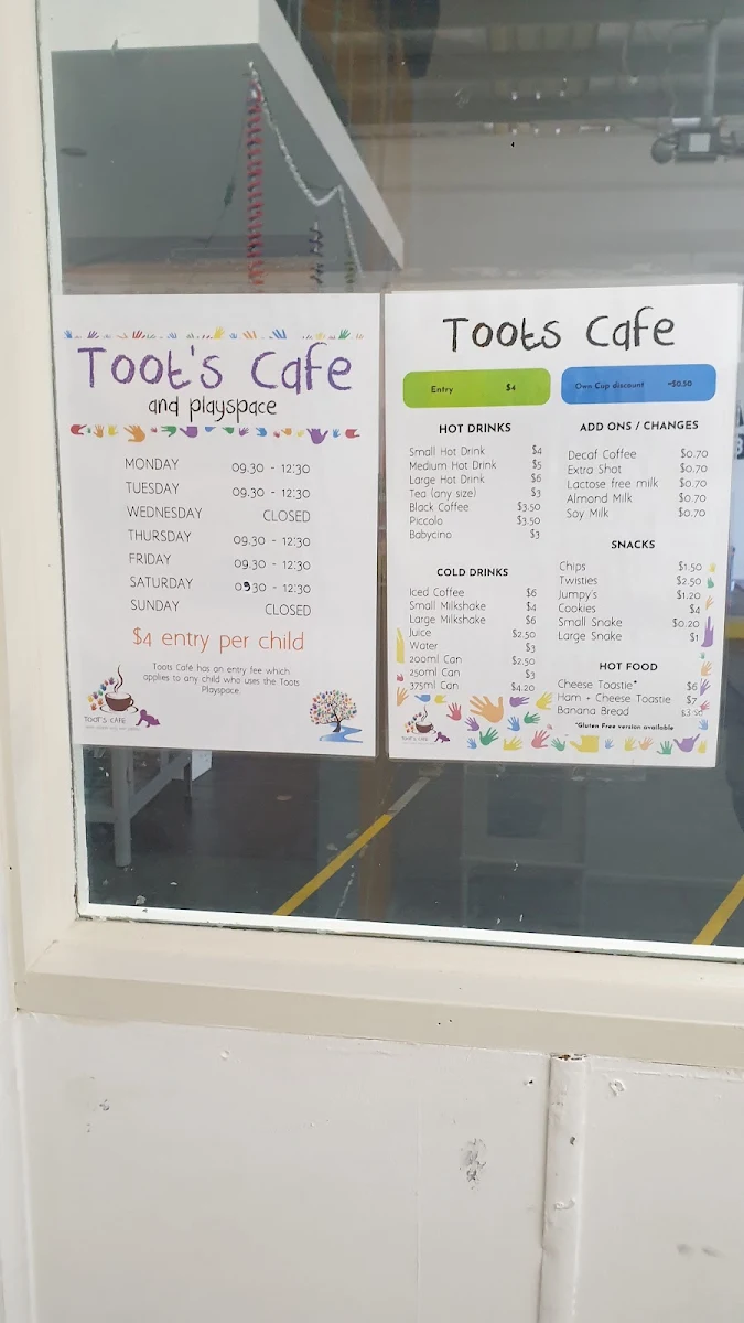 Menu, Toots Cafe and Playspace