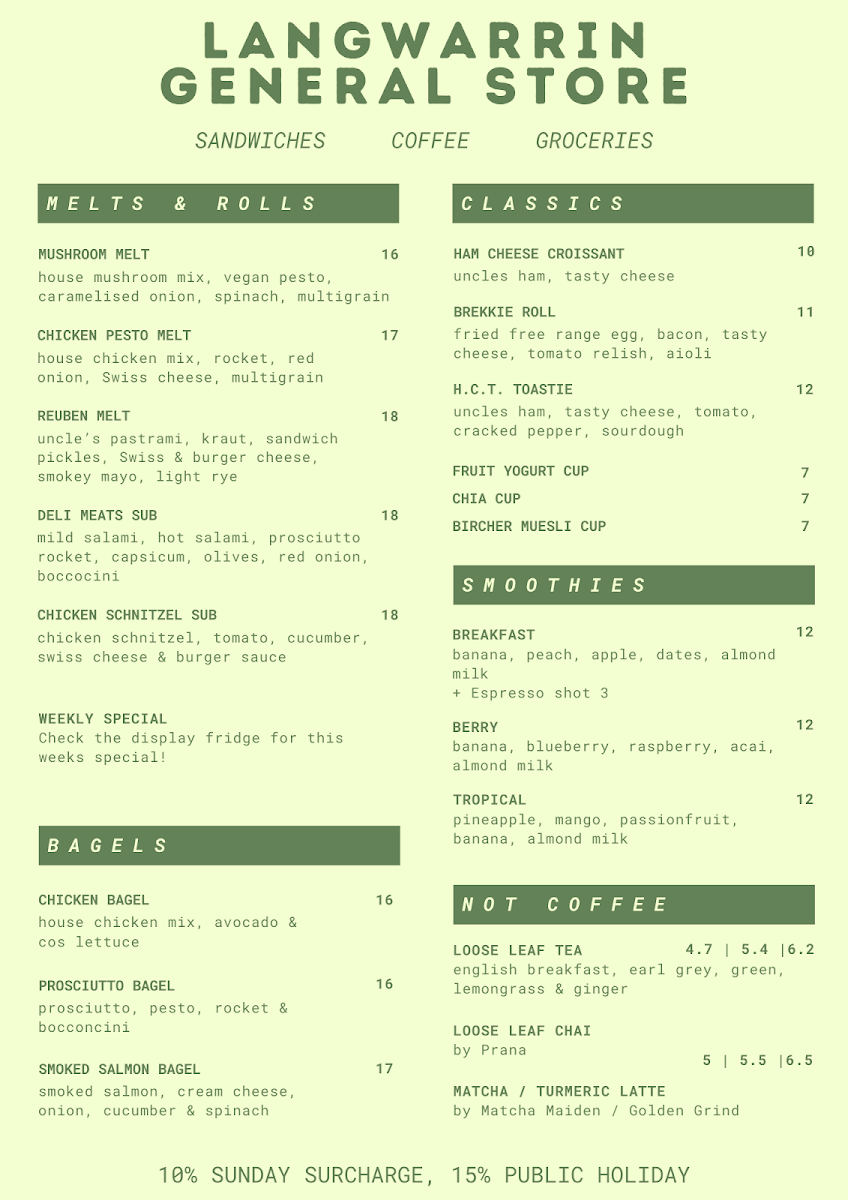 Menu, Langwarrin General Store