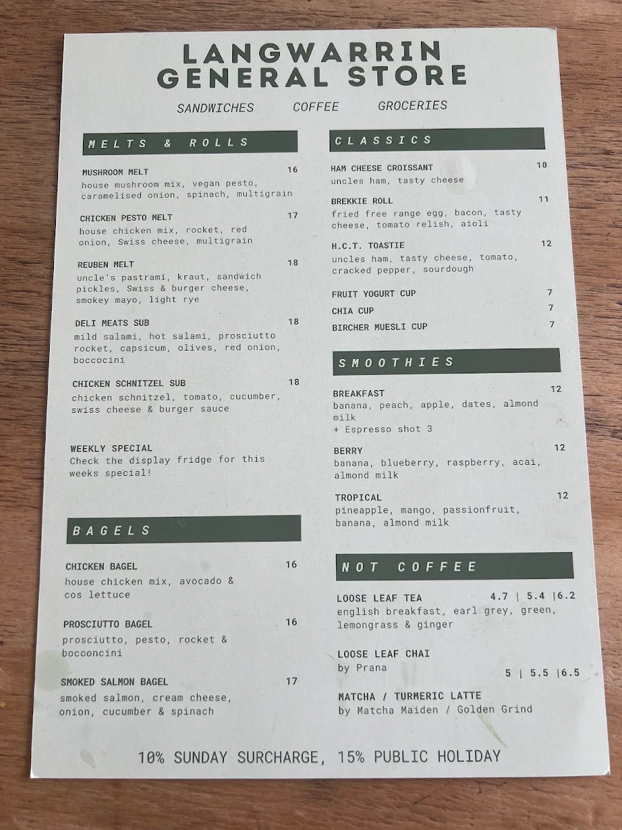 Menu, Langwarrin General Store