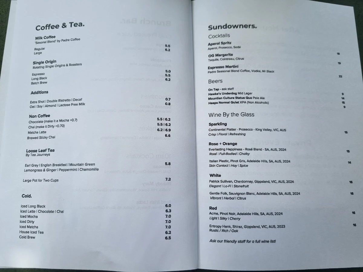 Menu, Park Road Garage & Wine