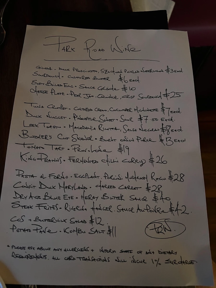 Menu, Park Road Garage & Wine