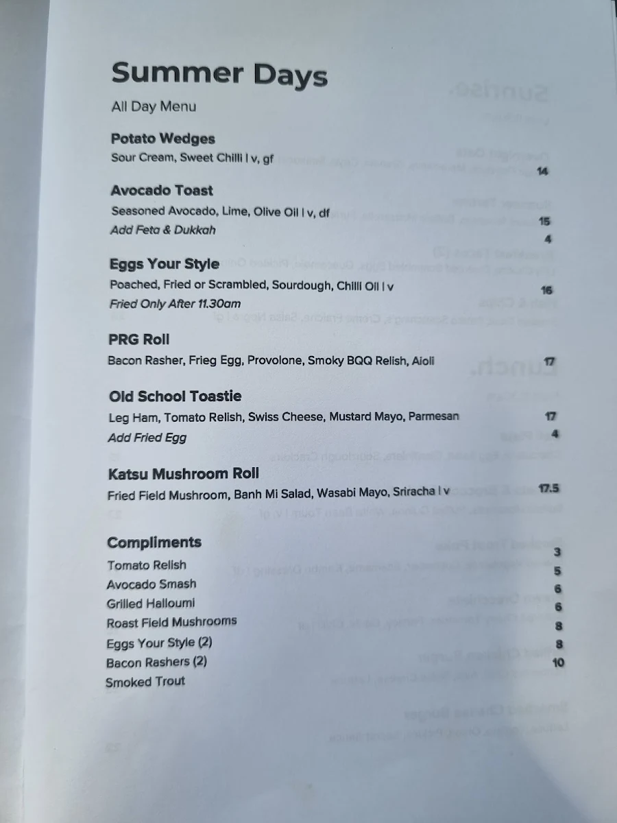 Menu, Park Road Garage & Wine
